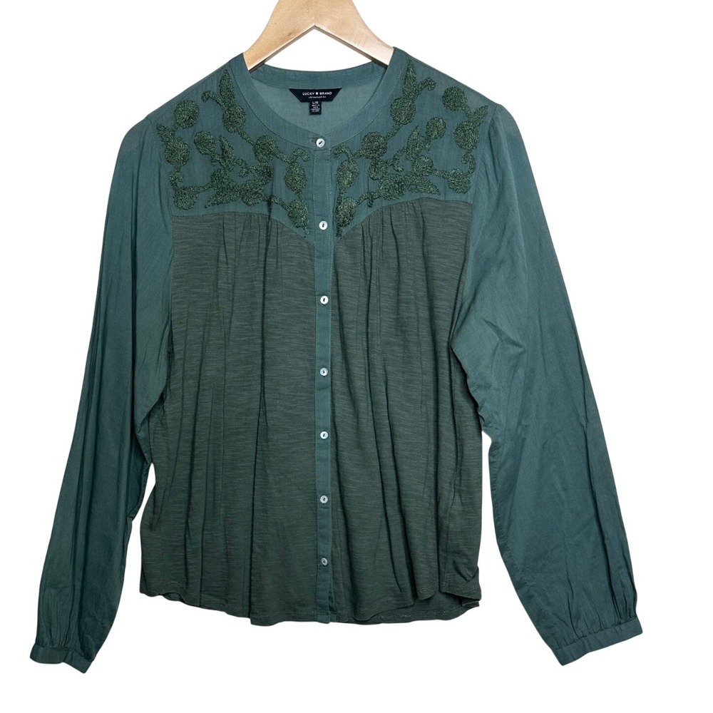 Lucky Brand Embroidered Mix Media Long Sleeve Blouse size Large Green
